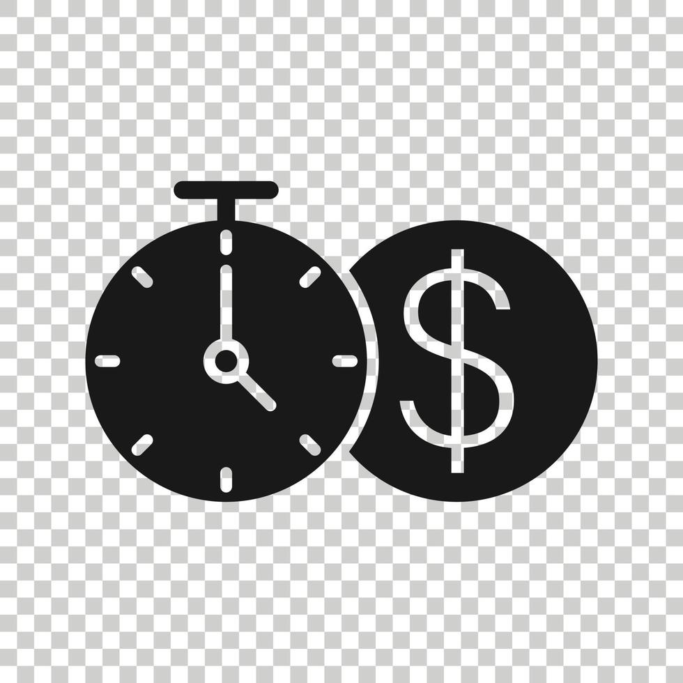tid är pengar ikon i platt stil. klocka med dollar vektor illustration på vit isolerat bakgrund. valuta företag begrepp.