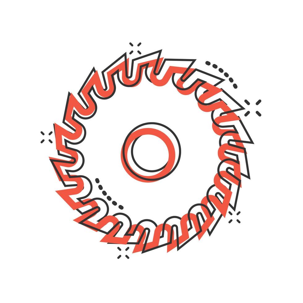 Sägeblatt-Symbol im Comic-Stil. kreisförmige Maschinenkarikatur-Vektorillustration auf weißem lokalisiertem Hintergrund. Geschäftskonzept mit Rotationsscheiben-Splash-Effekt. vektor