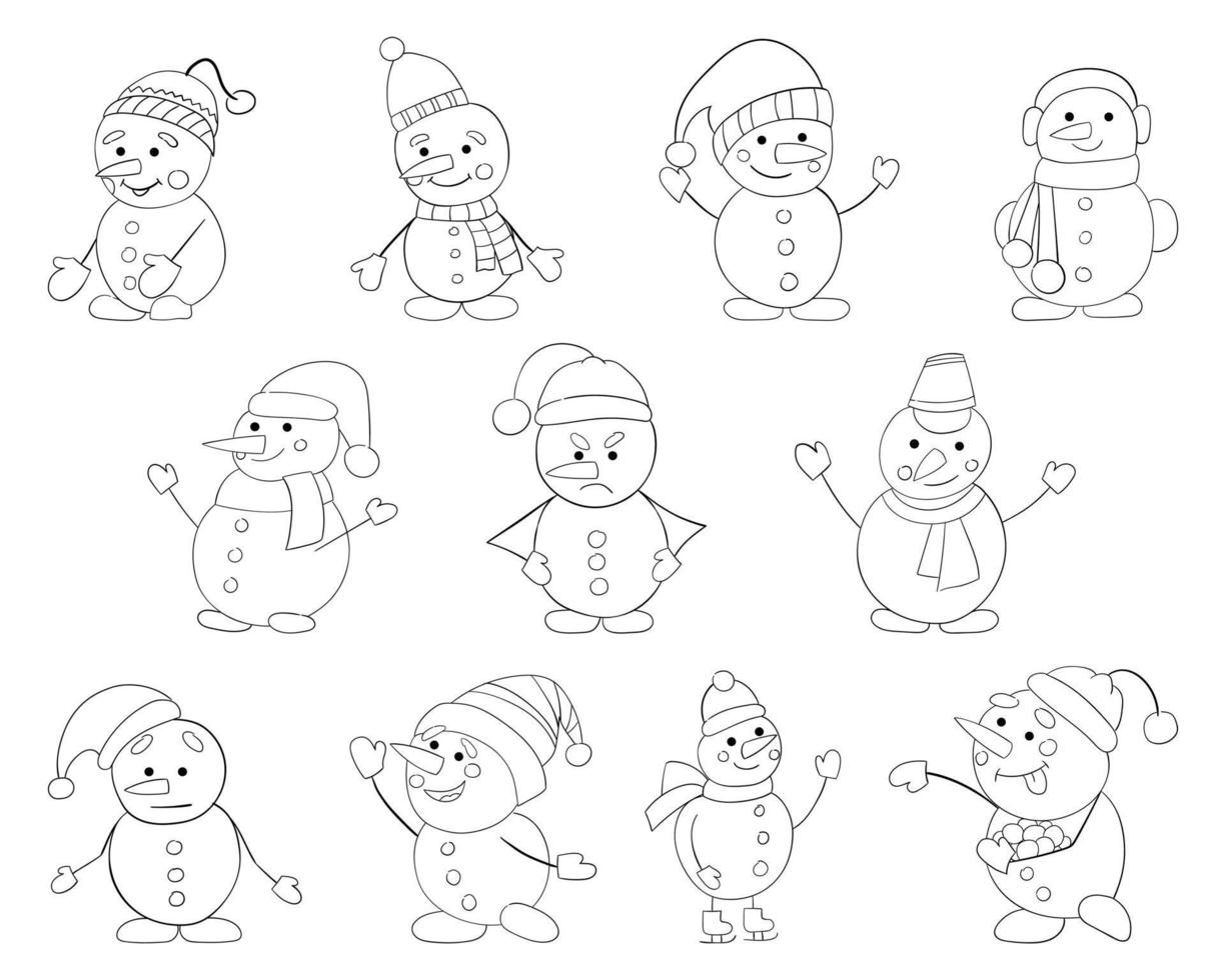 en uppsättning av snowmen med en tunn linje, vektor illustration av en klotter på en vit bakgrund.