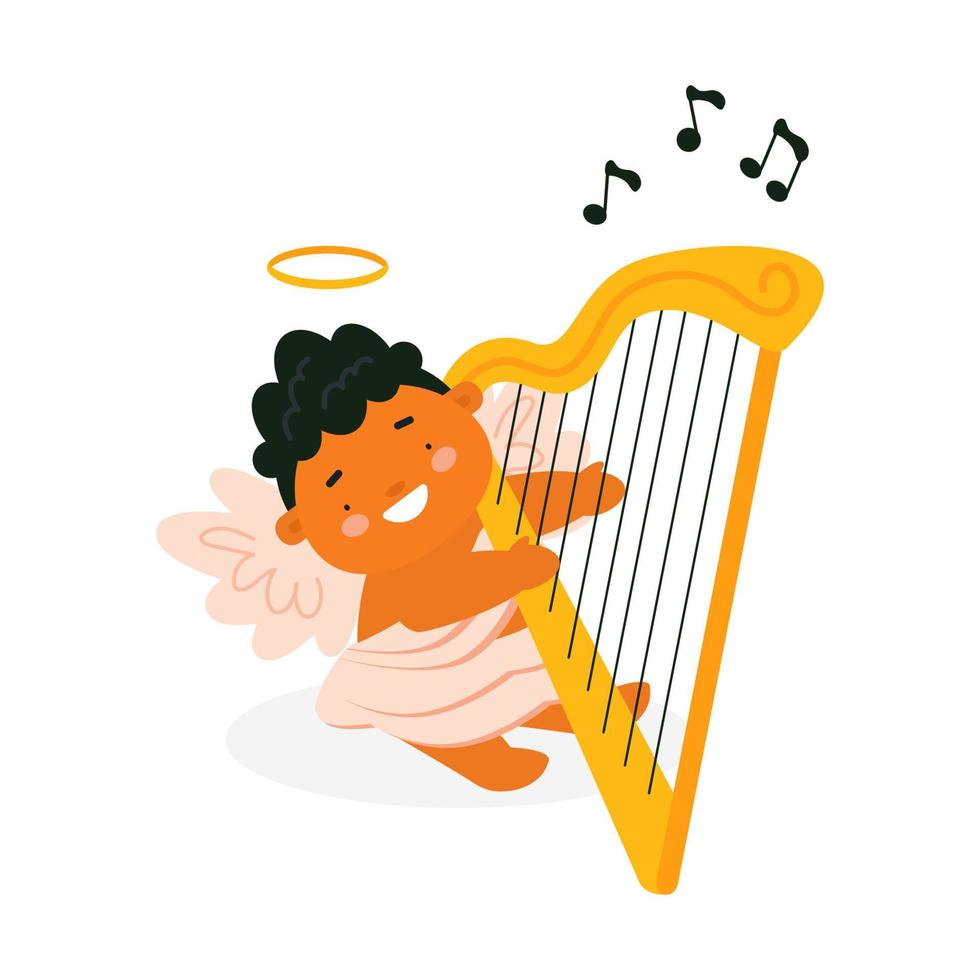 süßer kleiner Amor, der Harfe spielt. st. valentinstag charakter. Cartoon-Vektor-Illustration für Grußkarten und Design. schöner kleiner Engel. vektor