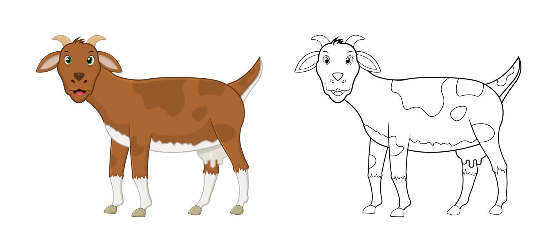 Fröhliche Cartoon-Ziege mit Strichzeichnungen, Ziegenskizze farblos Seite isoliert auf weißem Hintergrund. vektor