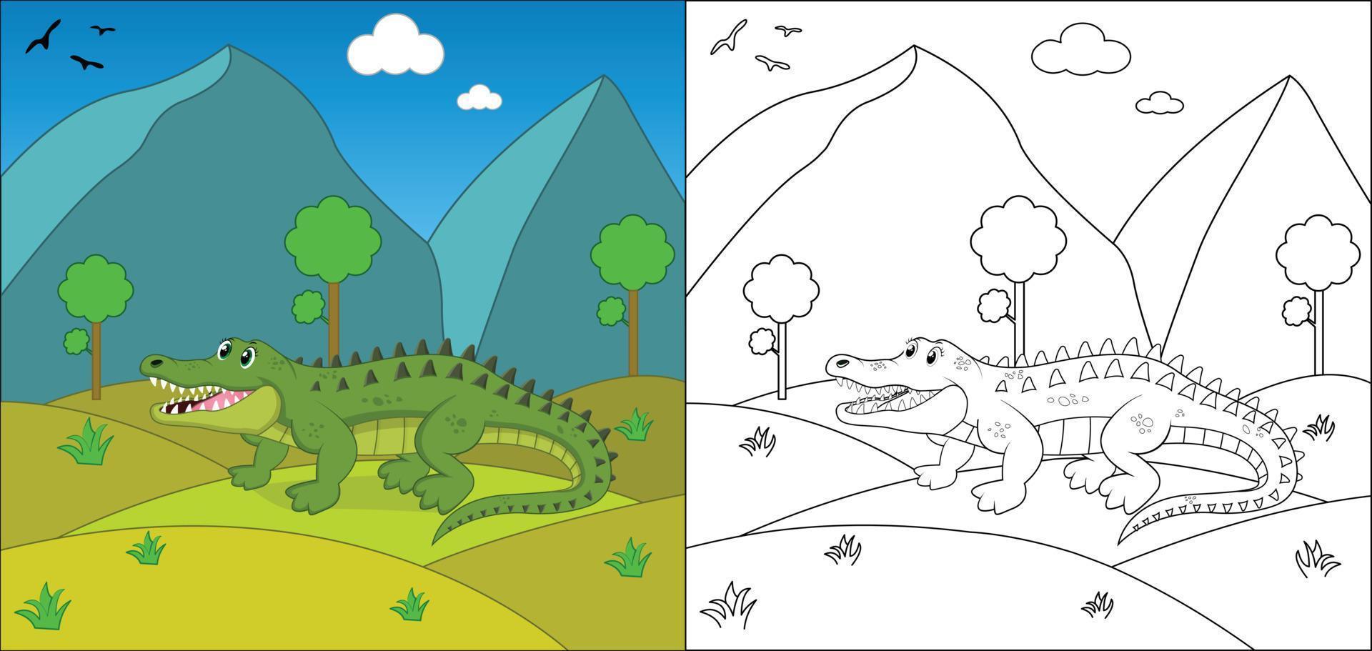 söt tecknad serie alligator färg sida med linje konst vektor illustration