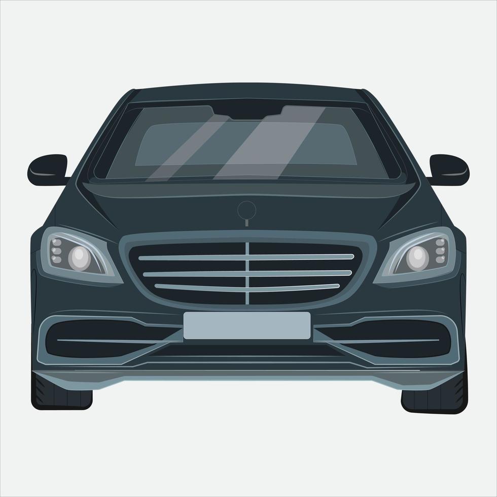 Vektor schwarzes Auto. Vorderansicht, sichtbare Innenversion. schwarzes Auto auf einem weißen, isolierten Hintergrund. 3D-Darstellung