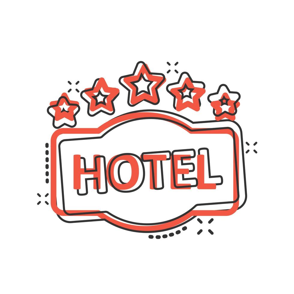 Hotel 5-Sterne-Schild-Symbol im Comic-Stil. Inn Cartoon-Vektor-Illustration auf weißem Hintergrund isoliert. Geschäftskonzept mit Splash-Effekt für Hostelzimmerinformationen. vektor
