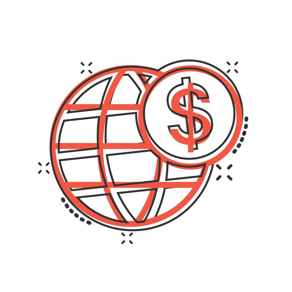 globale Geschäftsikone im Comic-Stil. Geldtransaktionskarikatur-Vektorillustration auf weißem lokalisiertem Hintergrund. banknote bill sicherheit splash effekt geschäftskonzept. vektor