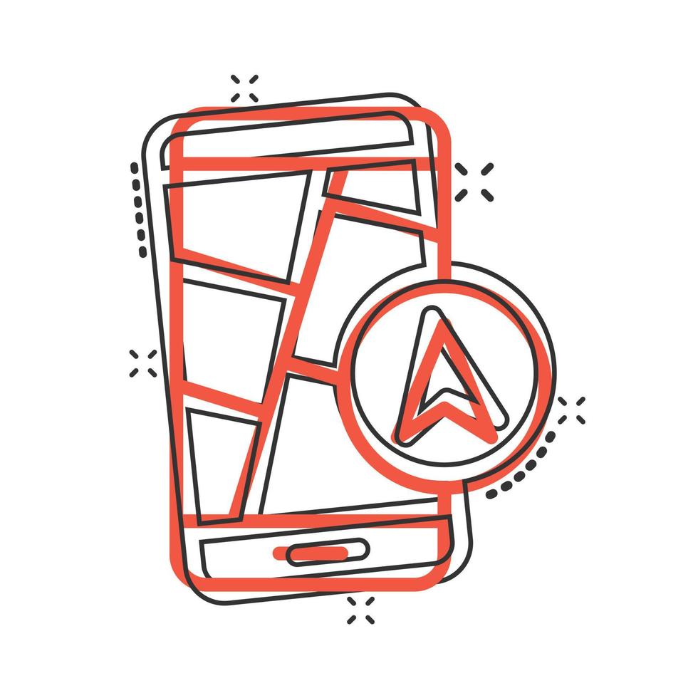 Smartphone-Kartensymbol im Comic-Stil. Handy GPS-Navigation Cartoon-Vektor-Illustration auf weißem Hintergrund isoliert. lokalisieren sie das geschäftskonzept des splash-effekts der pin-position. vektor
