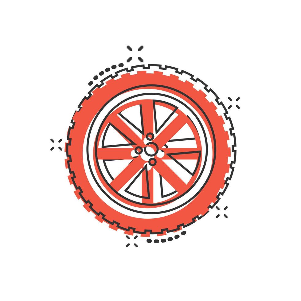 Auto-Rad-Symbol im Comic-Stil. Fahrzeugteil-Cartoon-Vektorillustration auf weißem, isoliertem Hintergrund. Reifen-Splash-Effekt-Geschäftskonzept. vektor