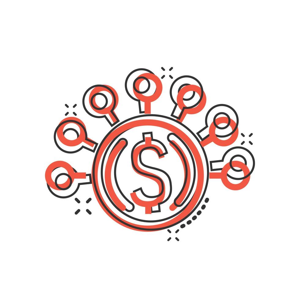 pengar inkomst ikon i komisk stil. dollar mynt tecknad serie vektor illustration på vit isolerat bakgrund. finansiera strukturera stänk effekt företag begrepp.