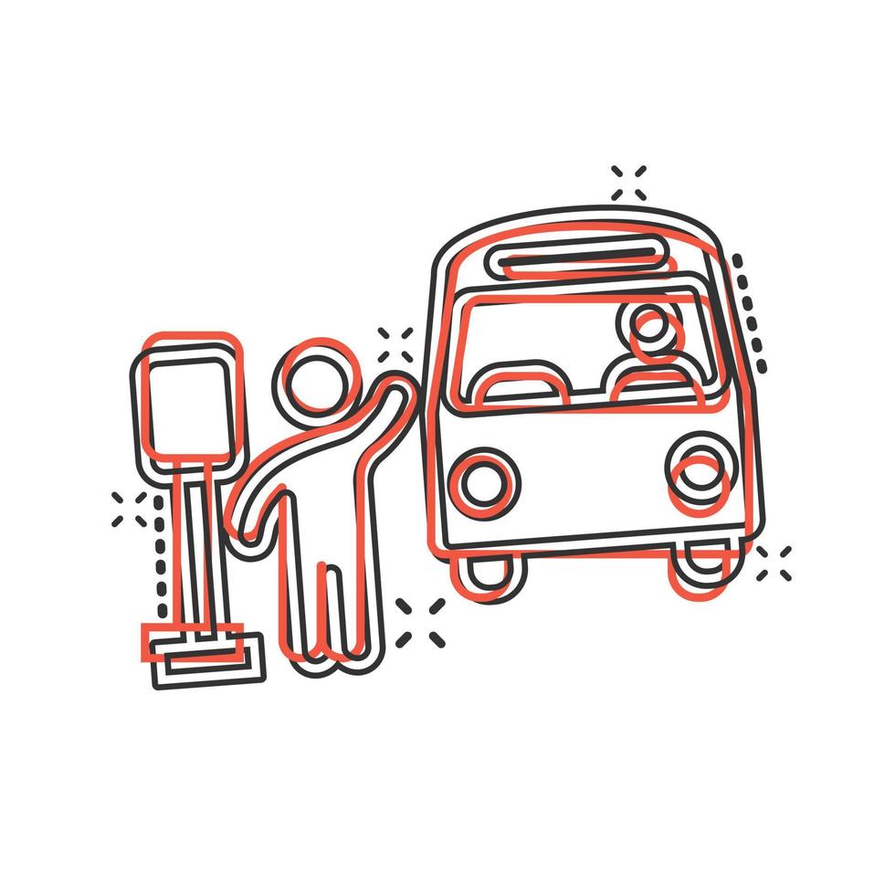 Busbahnhof-Symbol im Comic-Stil. Auto-Stopp-Cartoon-Vektorillustration auf weißem, isoliertem Hintergrund. Geschäftskonzept für Autobus-Fahrzeug-Splash-Effekt. vektor
