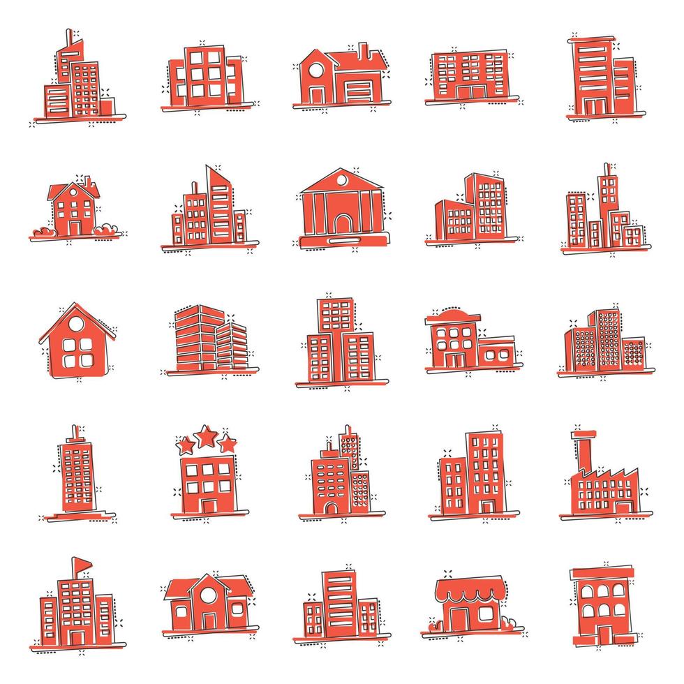 byggnad ikon uppsättning i komisk stil. stad skyskrapa lägenhet tecknad serie vektor illustration på vit isolerat bakgrund. stad torn stänk effekt företag begrepp.