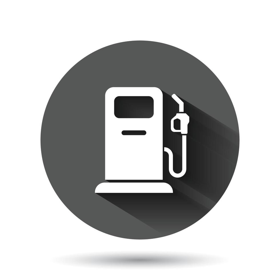 bränsle pump ikon i platt stil. gas station tecken vektor illustration på svart runda bakgrund med lång skugga effekt. bensin cirkel knapp företag begrepp.