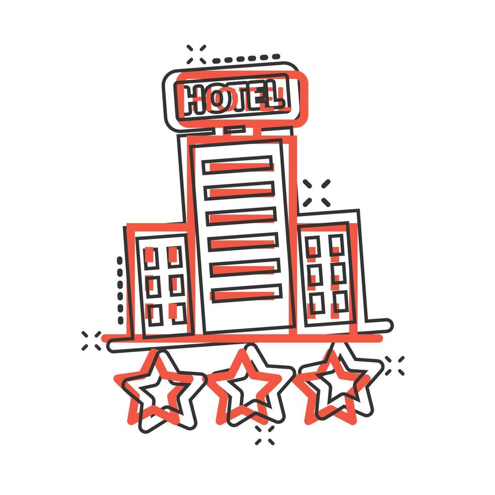 Hotel 3-Sterne-Schild-Symbol im Comic-Stil. gasthausgebäude-karikaturvektorillustration auf weißem lokalisiertem hintergrund. Geschäftskonzept mit Splash-Effekt für Hostelzimmer. vektor