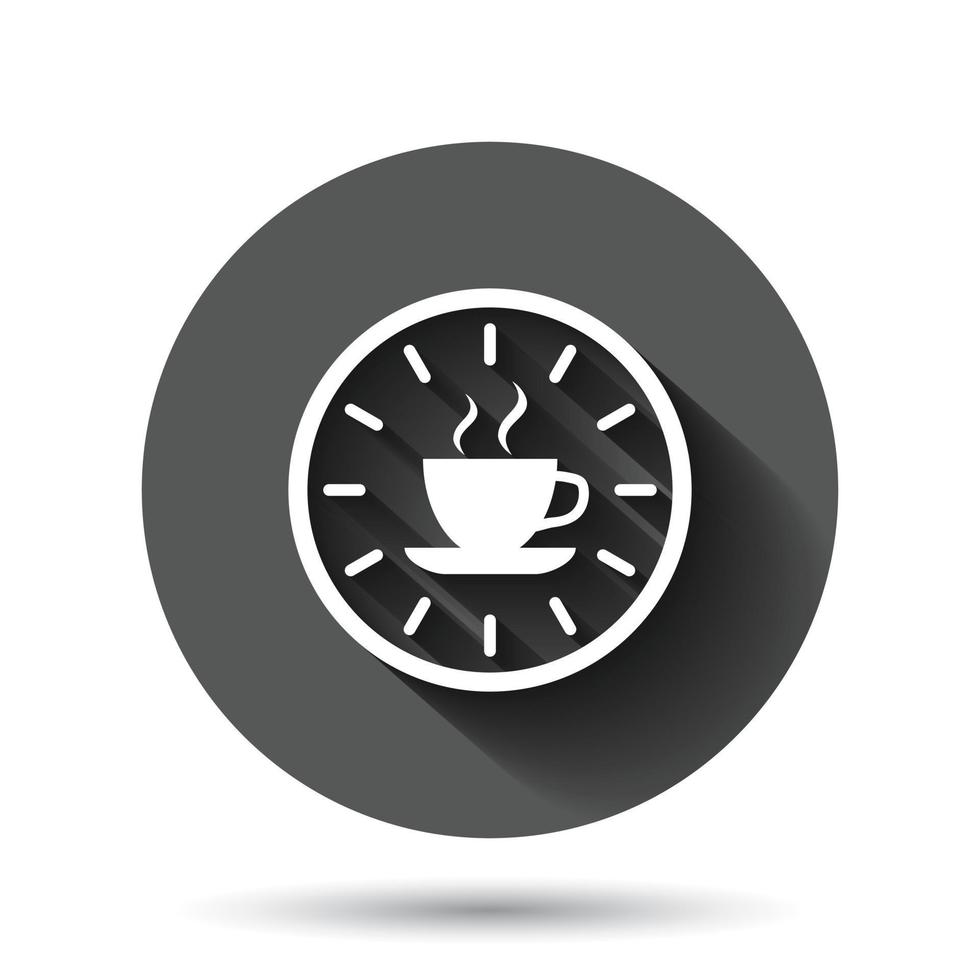 Kaffeepause-Symbol im flachen Stil. Uhr mit Teetasse-Vektorillustration auf schwarzem rundem Hintergrund mit langem Schatteneffekt. Frühstück Zeit Kreis Schaltfläche Geschäftskonzept. vektor