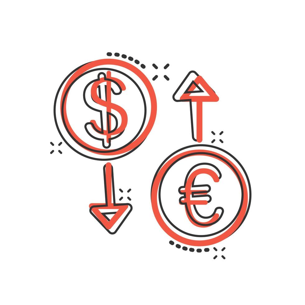 Geldwechsel-Symbol im Comic-Stil. Dollar-Euro-Transfer-Cartoon-Vektorillustration auf weißem, isoliertem Hintergrund. Geschäftskonzept für den Splash-Effekt von Finanzprozessen. vektor
