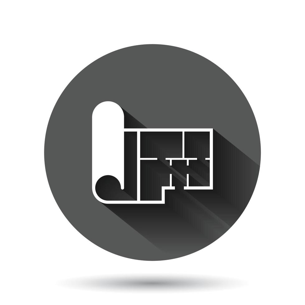 Zimmerplan-Symbol im flachen Stil. Planvektorillustration auf schwarzem rundem Hintergrund mit langem Schatteneffekt. Haus Projekt Kreis Schaltfläche Geschäftskonzept. vektor