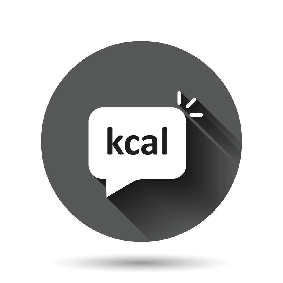 kcal-Symbol im flachen Stil. Diätvektorillustration auf schwarzem rundem Hintergrund mit langem Schatteneffekt. Kalorien-Kreis-Schaltfläche Geschäftskonzept. vektor