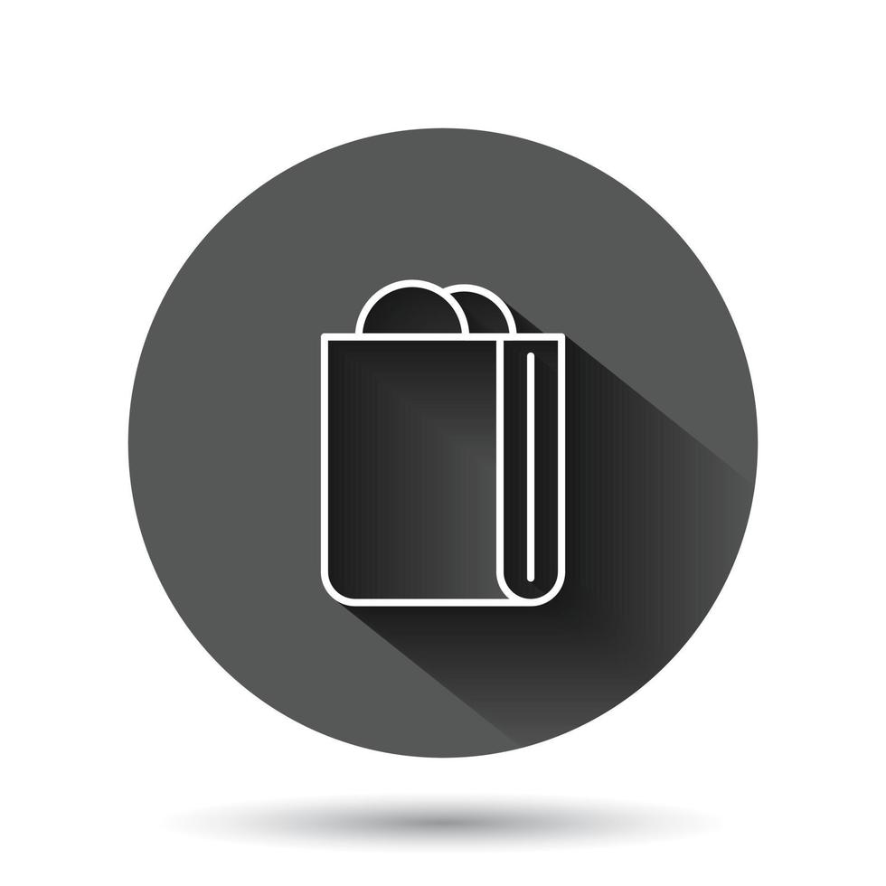 Einkaufstasche-Symbol im flachen Stil. Handtaschenzeichen-Vektorillustration auf schwarzem rundem Hintergrund mit langem Schatteneffekt. Paket-Kreis-Schaltfläche Geschäftskonzept. vektor