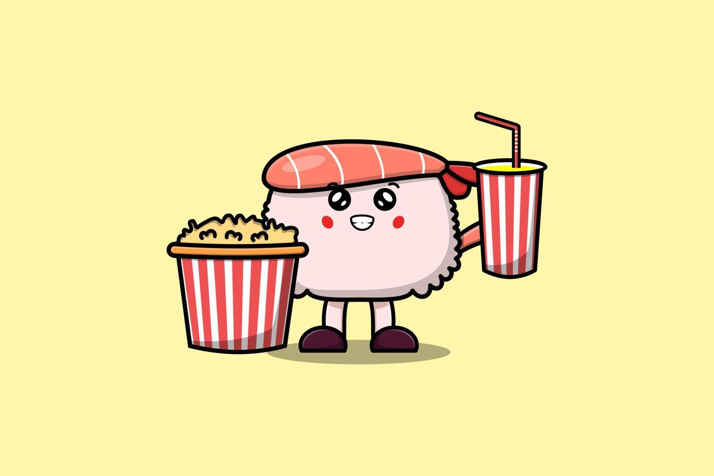 söt tecknad serie sushi räka med popcorn och dryck vektor