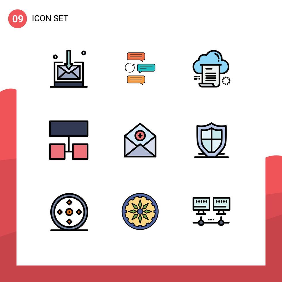Packung mit 9 kreativen Filledline-Flachfarben zum Hinzufügen von Sitemap-Roboter-Layout-Cloud-bearbeitbaren Vektordesign-Elementen vektor