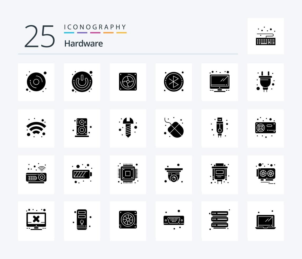 Hardware 25 Solid Glyph Icon Pack inklusive TV. Hardware. Ventilator. suchen. Bluetooth vektor