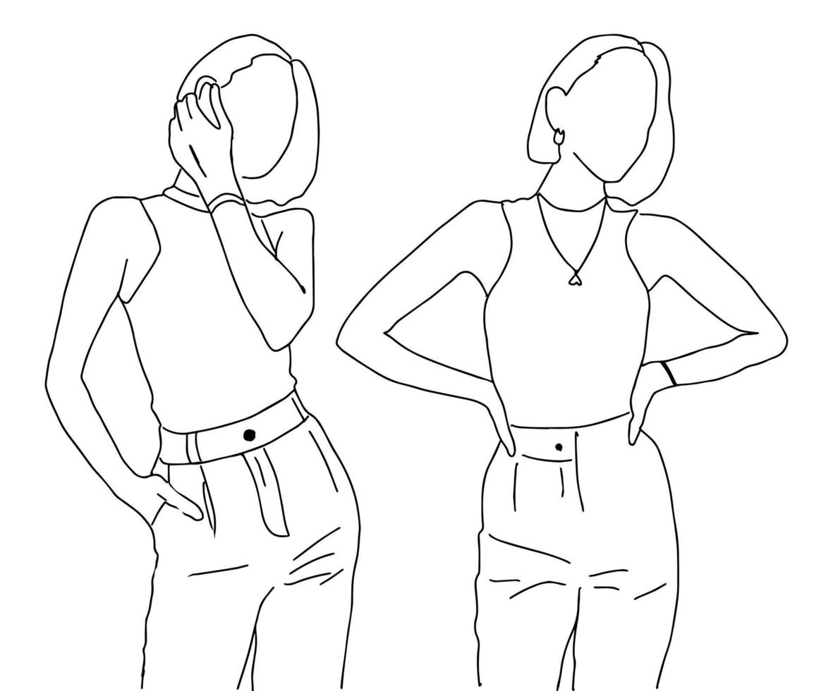två skön flickor är stående i annorlunda poser reklam en modern stil av Kläder. linjär stil. vektor illustration.