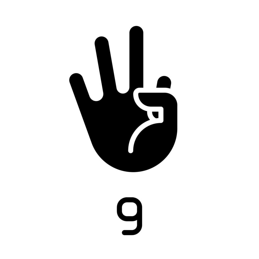 Signierziffer neun im asl-Symbol mit schwarzer Glyphe. nonverbales Sprachsystem. Kommunikation für Patienten mit Gehörlosigkeit. Schattenbildsymbol auf Leerraum. solides Piktogramm. vektor isolierte illustration