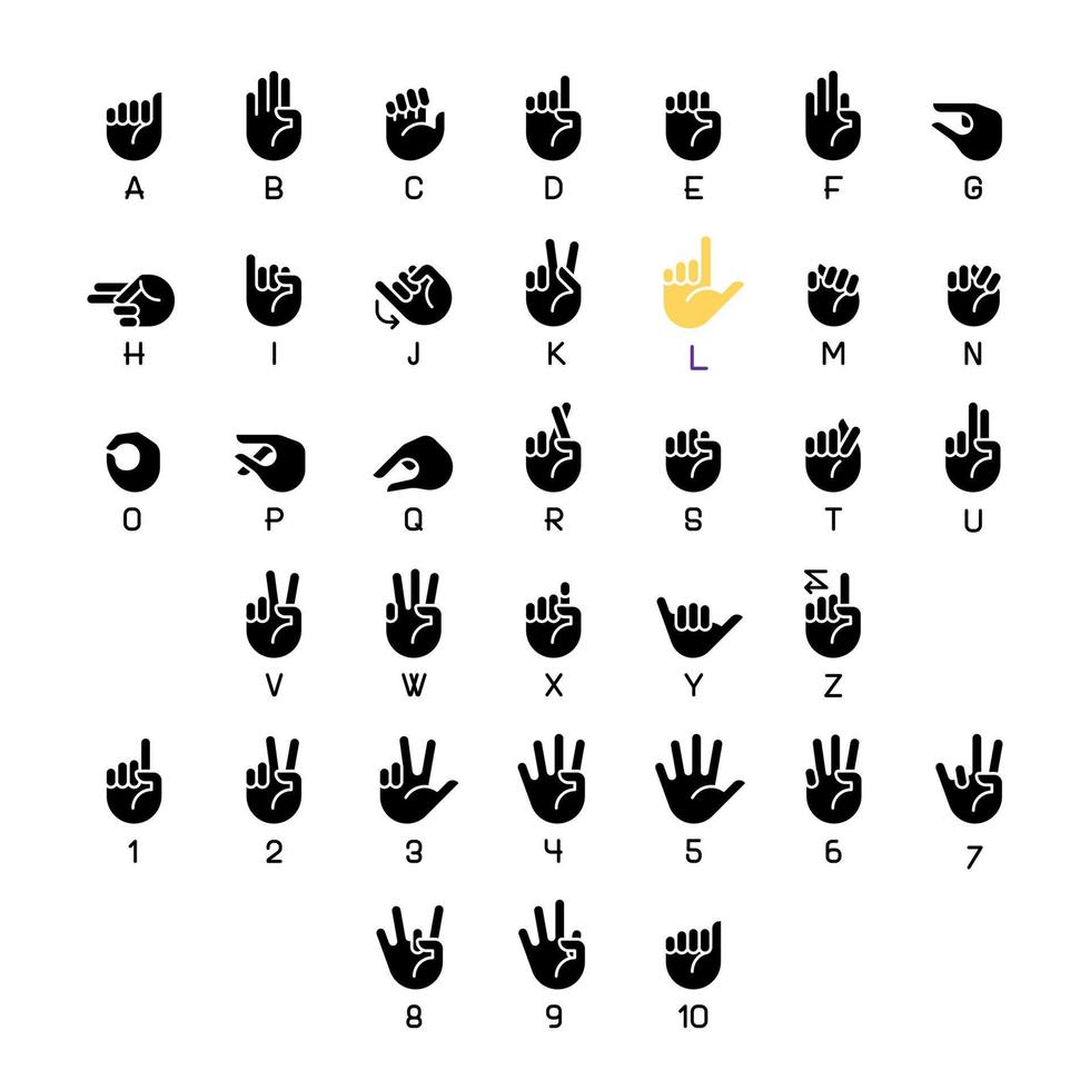 amerikanische zeichensprache schwarze glyphensymbole auf weißem raum gesetzt. Kommunikationssystem. Umgang mit Taubheitsproblemen. Silhouettensymbole. Solide Piktogrammpackung. vektor isolierte illustration