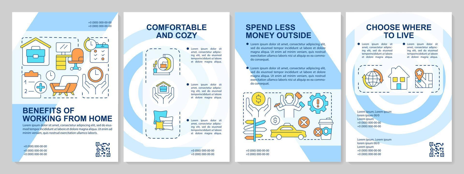 blaue broschürenvorlage für fernarbeitsplatzvorteile. Von zuhause aus arbeiten. Broschürendesign mit linearen Symbolen. editierbare 4 Vektorlayouts für Präsentationen, Jahresberichte vektor