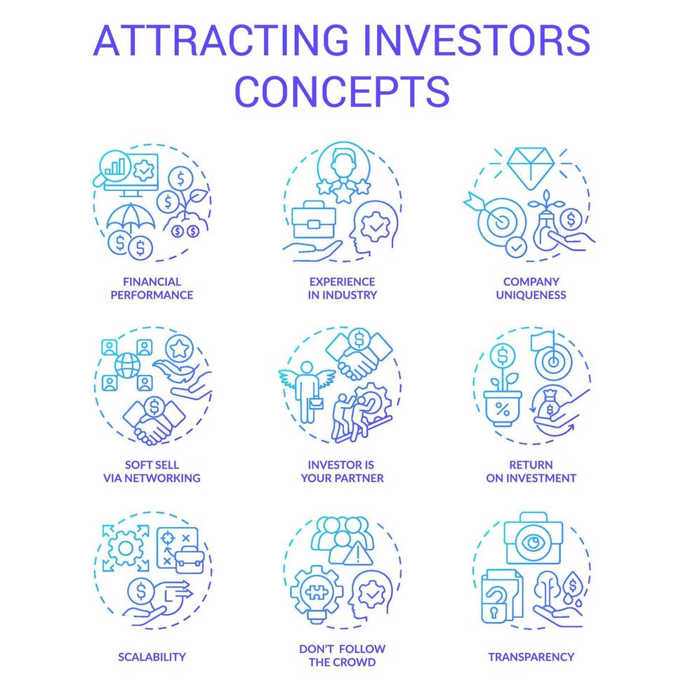 lockar investerare blå lutning begrepp ikoner uppsättning. engagera finansiering. små företag finansiering aning tunn linje Färg illustrationer. isolerat symboler vektor