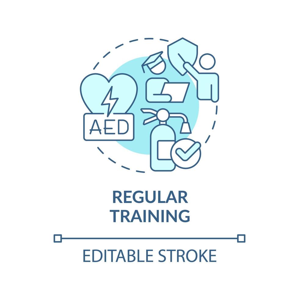 Symbol für das türkisfarbene Konzept für regelmäßiges Training. AED-Kit. vermeidung von verletzungen von arbeitern tipp abstrakte idee dünne linie illustration. isolierte Umrisszeichnung. editierbarer Strich vektor