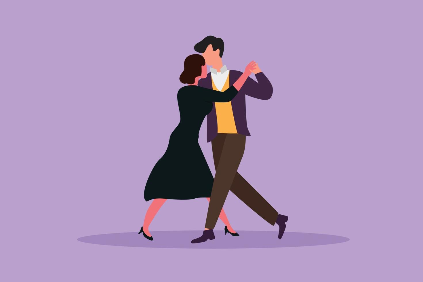 grafisk platt design teckning attraktiv man och kvinna romantisk professionell dansare par dans tango, vals dansa på dans tävling dansgolv. Lycklig par dansa. tecknad serie stil vektor illustration