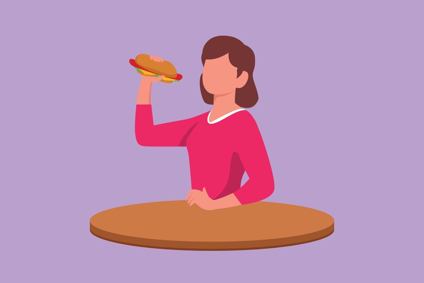 tecknad serie platt stil teckning av Lycklig skön kvinna äter varmkorv smörgås. gott gata snabb mat. för Kafé, matställe, annonser. ohälsosam mellanmål måltid. kontor lunch ha sönder. grafisk design vektor illustration