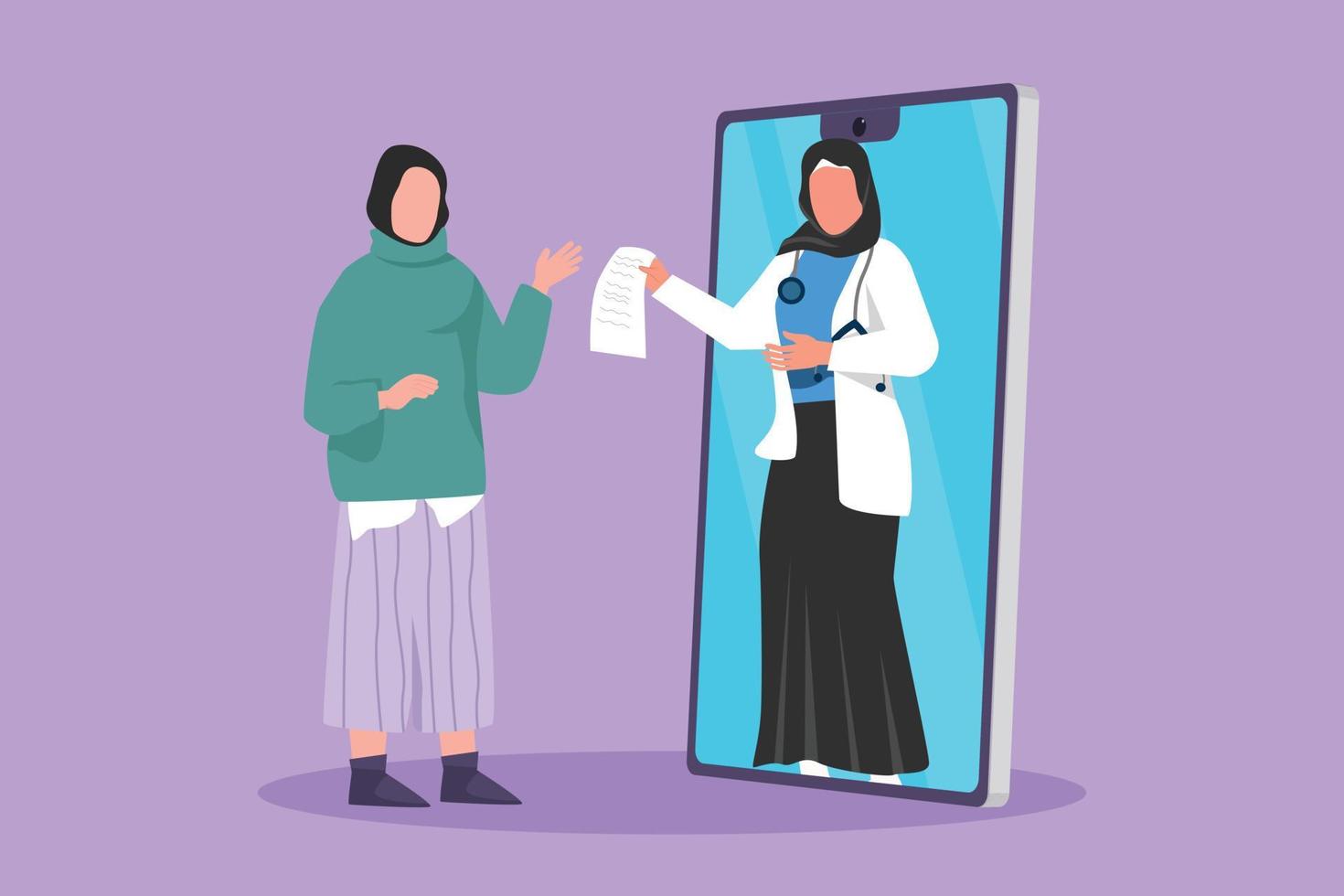 grafisk platt design teckning arab kvinna patient tar emot recept från kvinna läkare kommande ut av smartphone skärm. uppkopplad medicinsk sjukvård samråd. tecknad serie stil vektor illustration