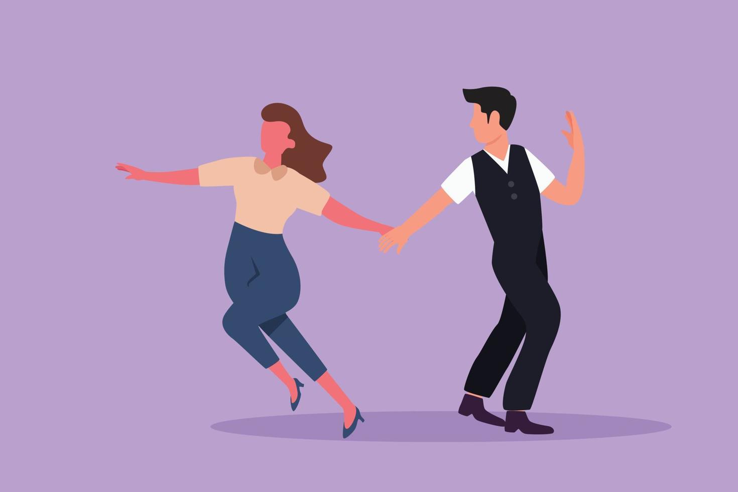 grafisk platt design teckning av attraktiv man och kvinna professionell dansare par dans tango, vals danser på dans tävling. romantisk natt med dansa tillsammans. tecknad serie stil vektor illustration