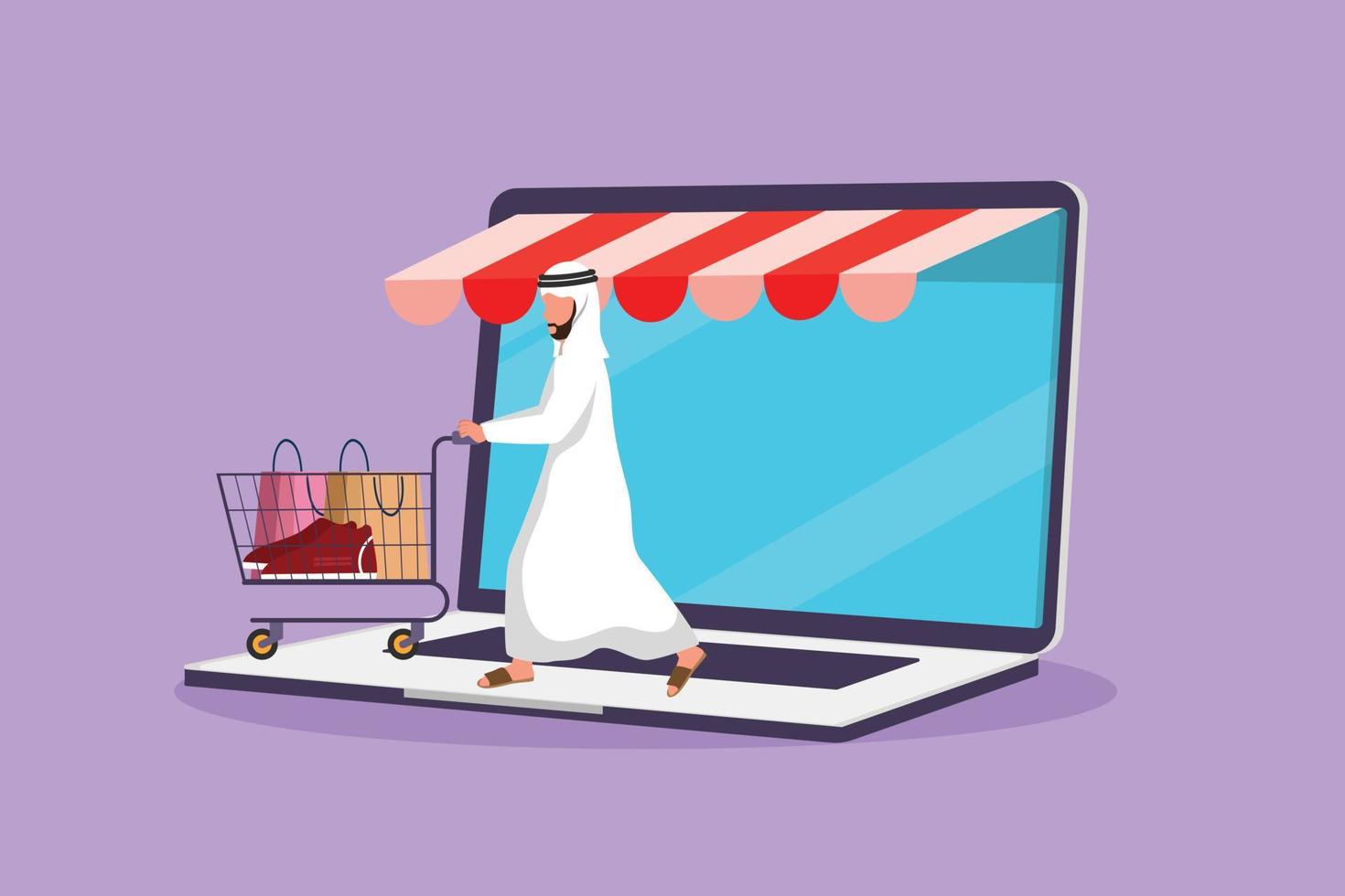 Cartoon Flat Style Zeichnung arabischer Mann kommt aus Laptop-Bildschirm und schiebt Einkaufswagen. Verkauf, digitaler Lebensstil, Konsum, Marketing. Online-Shop-Konzept. Grafikdesign-Vektorillustration vektor
