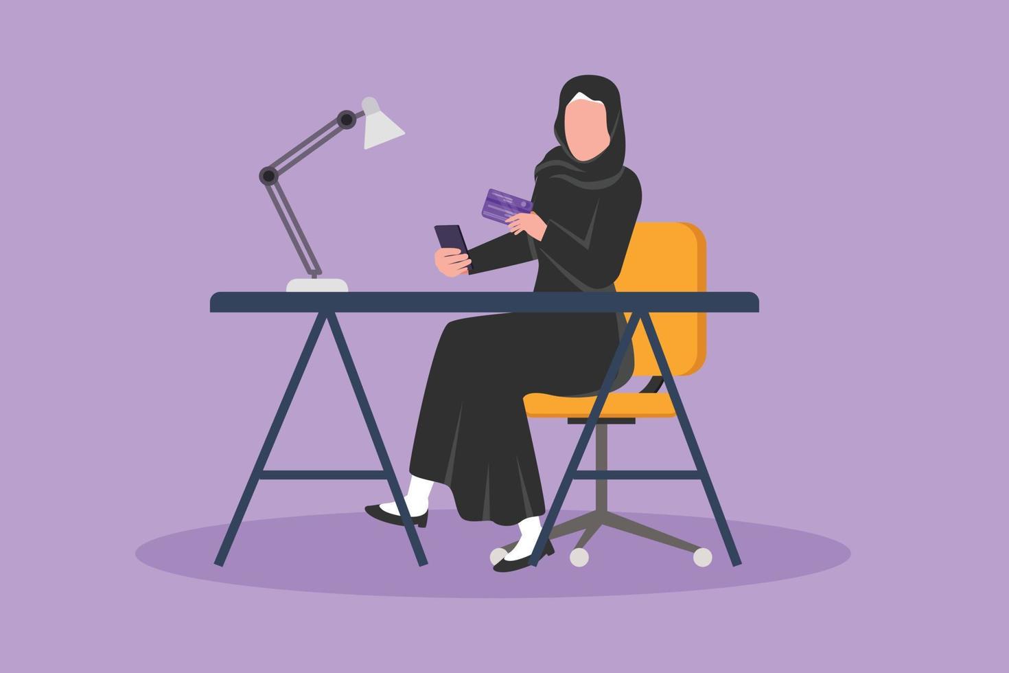 grafisk platt design teckning arab kvinna Sammanträde på skrivbord och skriver som förs in i kreditera kort koda på smartphone. uppkopplad Lagra, e-butik, e-handel, digital betalning tech. tecknad serie stil vektor illustration