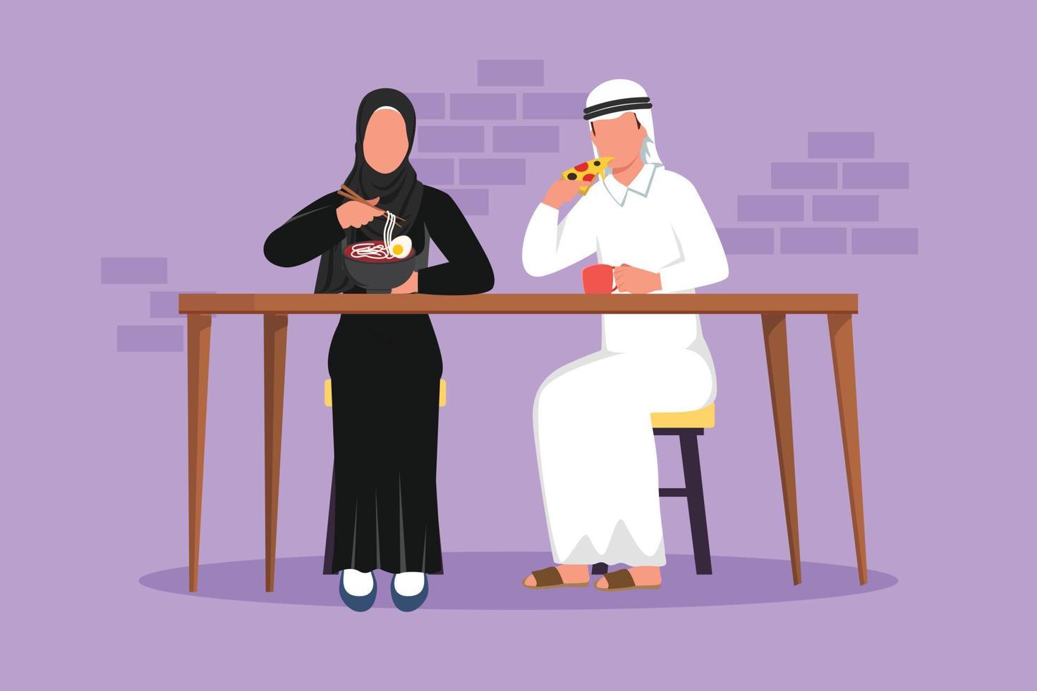 tecknad serie platt stil teckning arab par Sammanträde och äter på tabell, talande i snabb mat bistro, fritid tid. man och kvinna har måltid, pizza, spaghetti tillsammans. grafisk design vektor illustration