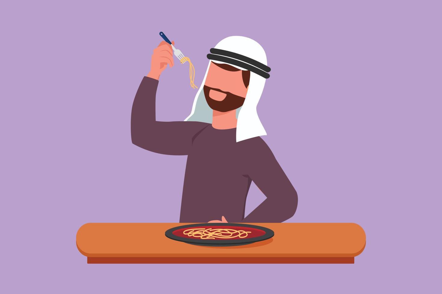 grafisk platt design teckning skäggig arab man har spaghetti måltid med gaffel. ung manlig njut av lunch med nudel på restaurang. utsökt och gott snabb mat begrepp. tecknad serie stil vektor illustration