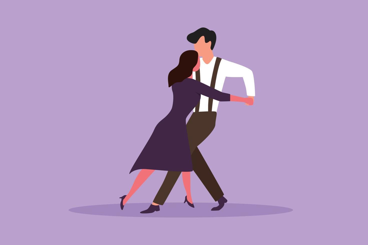 grafisk platt design teckning människor dans salsa. ung man och kvinna i dansa tillsammans. par av dansare med vals tango och salsa stilar flytta. Lycklig par dans. tecknad serie stil vektor illustration