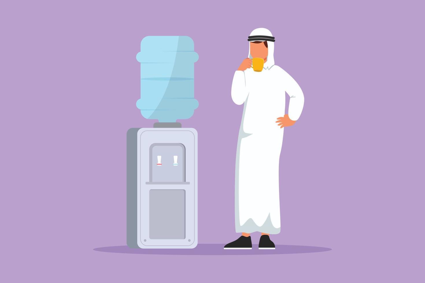 Charakter flache Zeichnung arabischer Geschäftsmann trinkt frisches Wasser in einem Glas, während er neben einem Wasserspender steht, der mit Gallonen Wasser gefüllt ist. gesund und frisch-. Cartoon-Design-Vektor-Illustration vektor