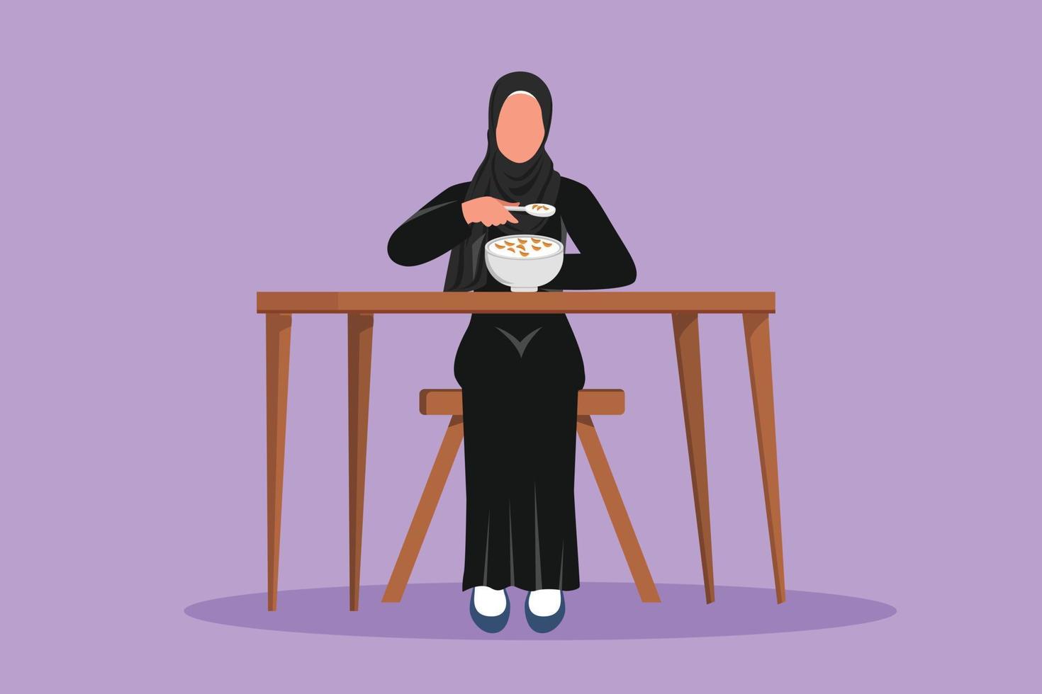 Cartoon flache Zeichnung arabische Frau beim Frühstück mit Müsli und Milch. Schönheitsfrau, die am Tisch sitzt und mit köstlichem Gericht isst. gesunde ernährung essen. Grafikdesign-Vektorillustration vektor