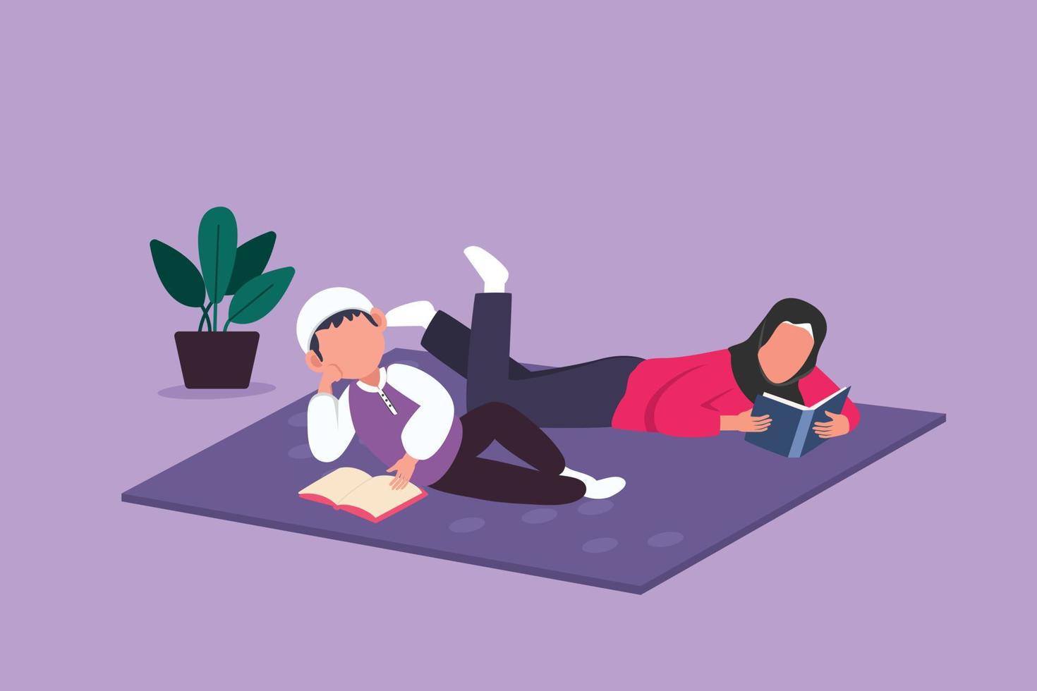 tecknad serie platt stil teckning förtjusande par liggande på säng och läsning böcker. arab man och kvinna njuter litteratur. Make och fru utgifterna tid tillsammans på Hem. grafisk design vektor illustration