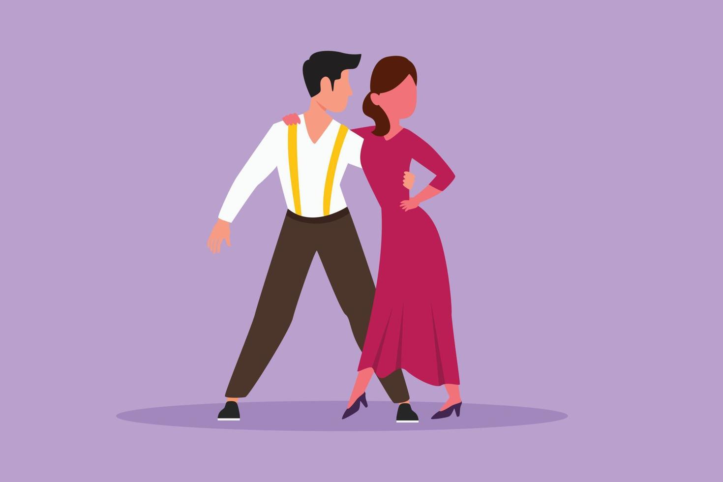 karaktär platt teckning ung människor dans salsa. Lycklig man och kvinna i dansa. par av dansare med vals tango och salsa stilar rör sig. par dans tillsammans. tecknad serie design vektor illustration