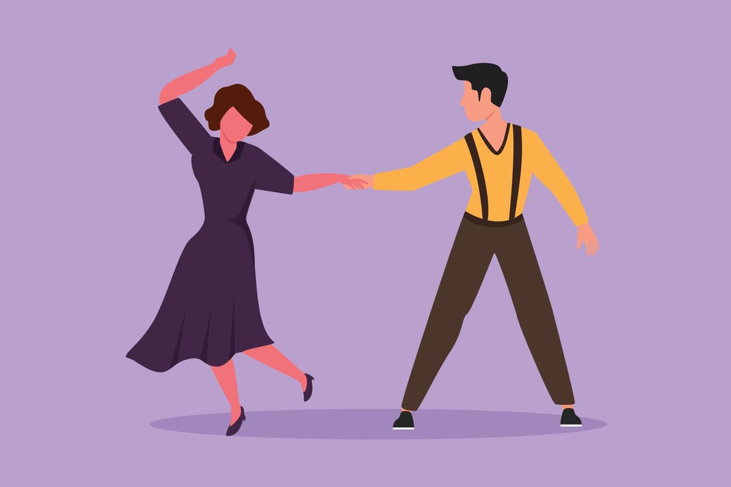 grafisk platt design teckning attraktiv manlig och kvinna professionell dansare par dans tango, vals danser tillsammans på dans tävling dansgolv. Lycklig aktivitet. tecknad serie stil vektor illustration