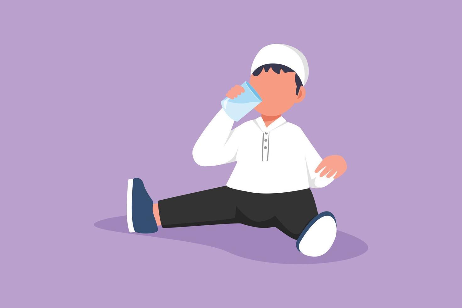 Charakter flache Zeichnung entzückender arabischer kleiner Junge, der sitzt, während er ein Glas frische Milch hält und genießt, um seine Körperernährung zu erfüllen. kindergesundheits- oder wachstumskonzept. Cartoon-Design-Vektor-Illustration vektor