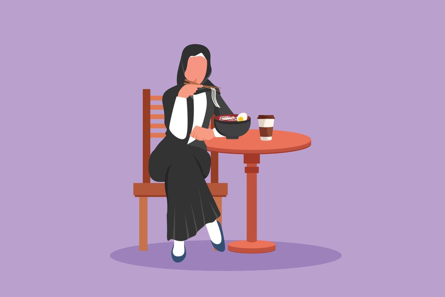 karaktär platt teckning skön arab kvinna Sammanträde på tabell på restaurang, äter spaghetti med matpinne och dryck kaffe kopp i morgon- frukost. gott snabb mat. tecknad serie design vektor illustration