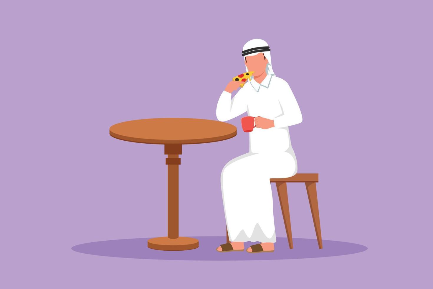 grafisk platt design teckning Lycklig man äter skiva av italiensk pizza och innehav kopp av kaffe. arab manlig har gott lunch maträtt och Sammanträde på tabell i restaurang. tecknad serie stil vektor illustration