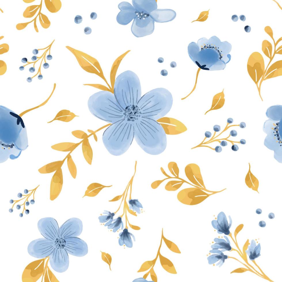 blå och falsk guld ritad för hand blommig och lövverk vattenfärg sömlös mönster vektor