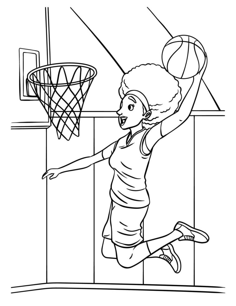basketboll flicka slam dunka färg sida för barn vektor