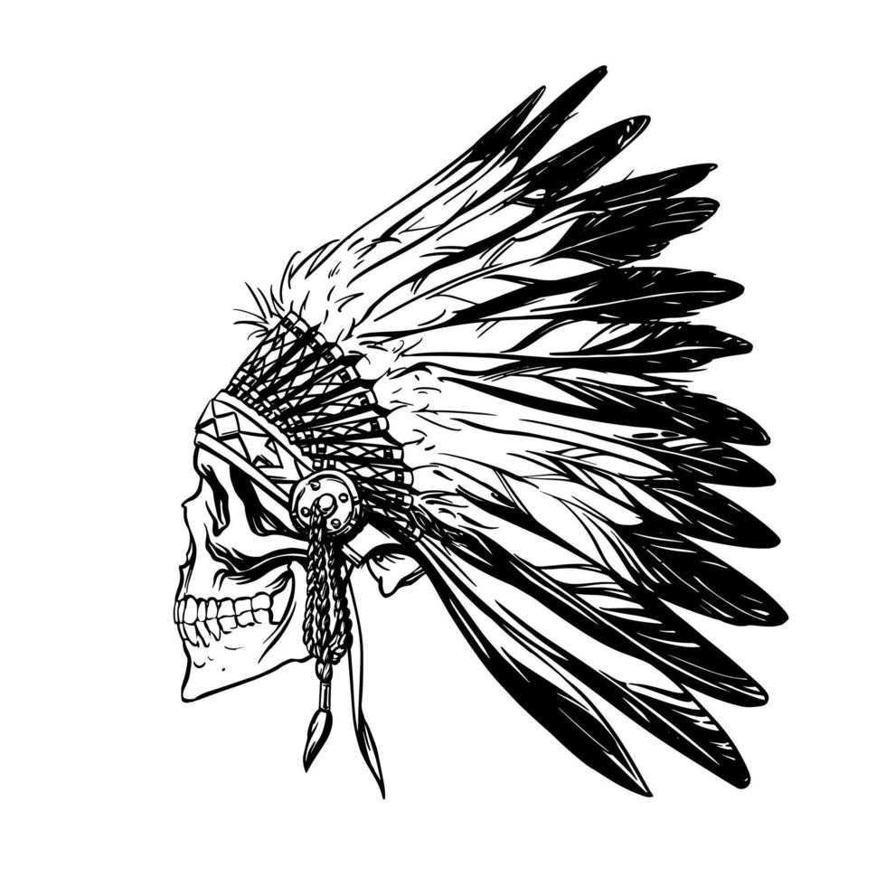 hand teckning av en skalle av ett indisk stam- krigare i en traditionell huvudbonad. vektor illustration